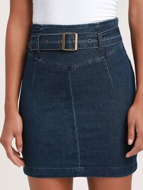 Free Peiple Dark Blue Denim Belted Pencil Mini High Waisted Skirt - Size 10